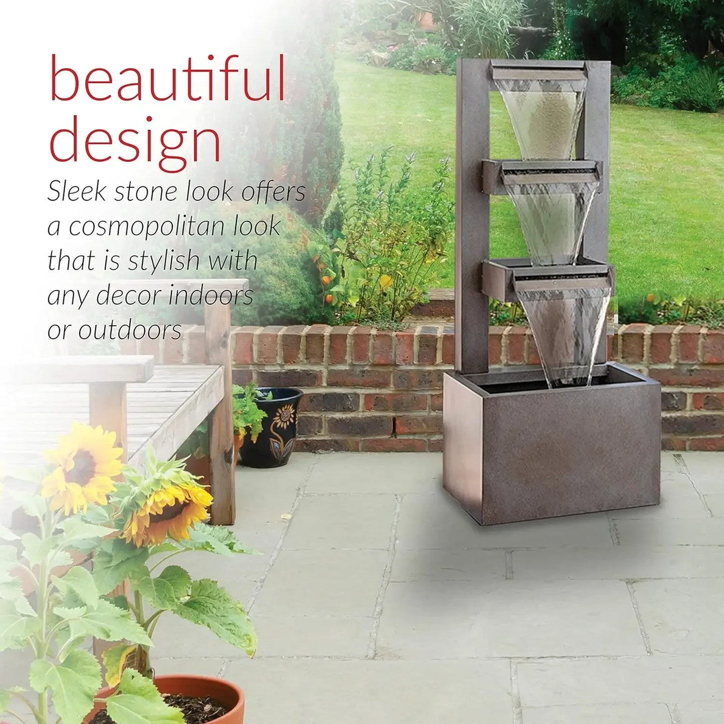 Popular.CPS182 Outdoor Floor Industrial Multi-Tiered Soothing Waterfall Fountain, 43", Gray
