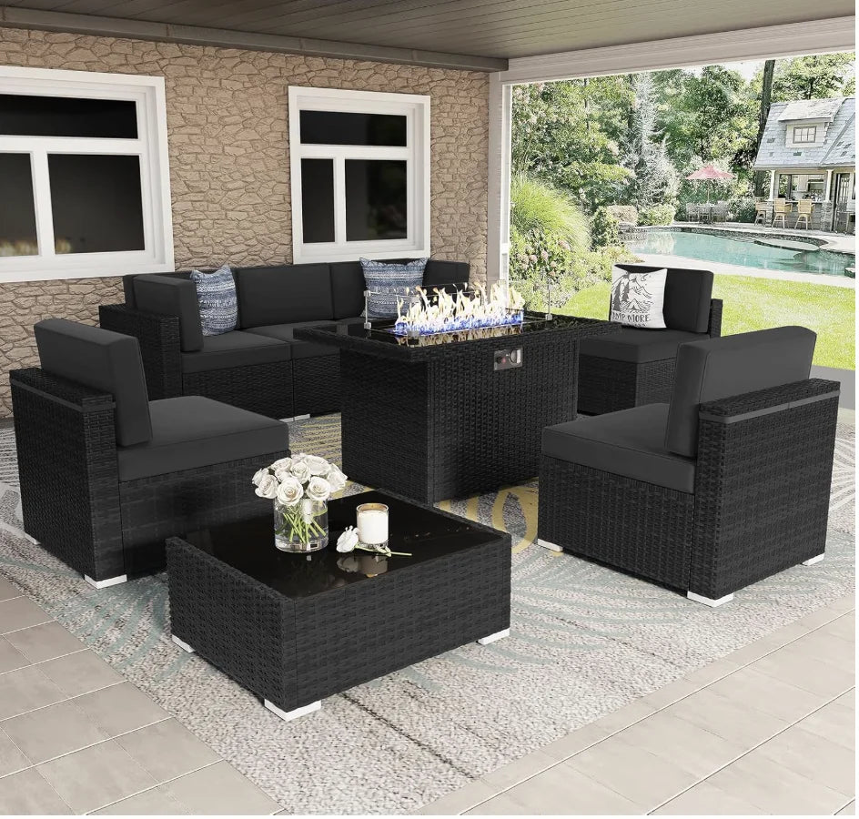 8 Pieces Patio Furniture Set with 44" Propane Gas Fire Pit Table
