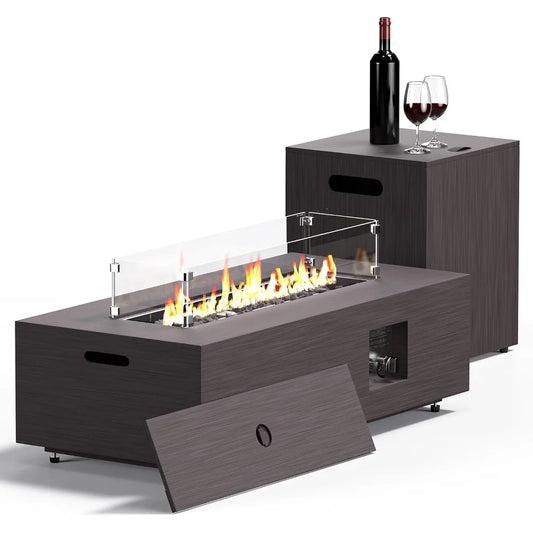 Rectangular Outdoor Propane Gas Fire Pit Table with 50,000 BTU, Wind Guard, Waterproof Cover, and Lava Rocks