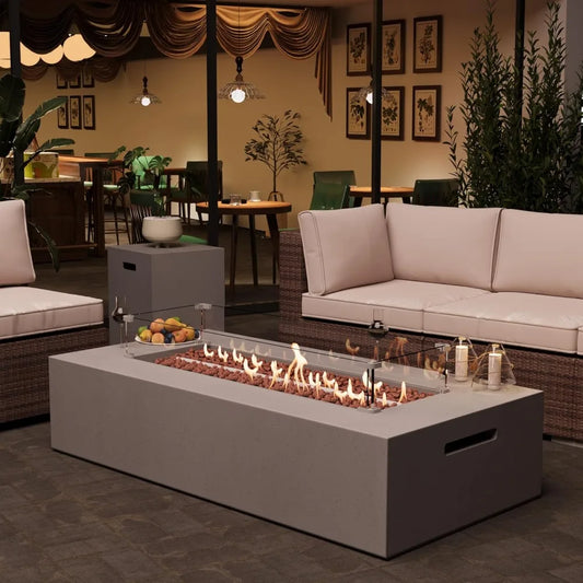 3-Piece Propane Fire Pit Table Set w Tank Table & Glass Wind Guard