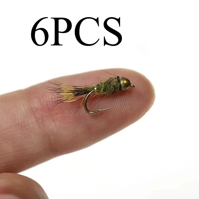 6pcs Barbed Tungsten Bead Head Jig Nymph Fly Pheasant Tail Fast Sinking Wet Euro Nymph Fly Trout Fishing Lures Baits 14-18#