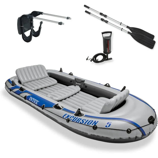 Intex Excursion 5 Person Inflatable Outdoor Fishing Raft Boat Set With 2 Aluminum Oars And Air Pump A Composite Motor Mount Kit