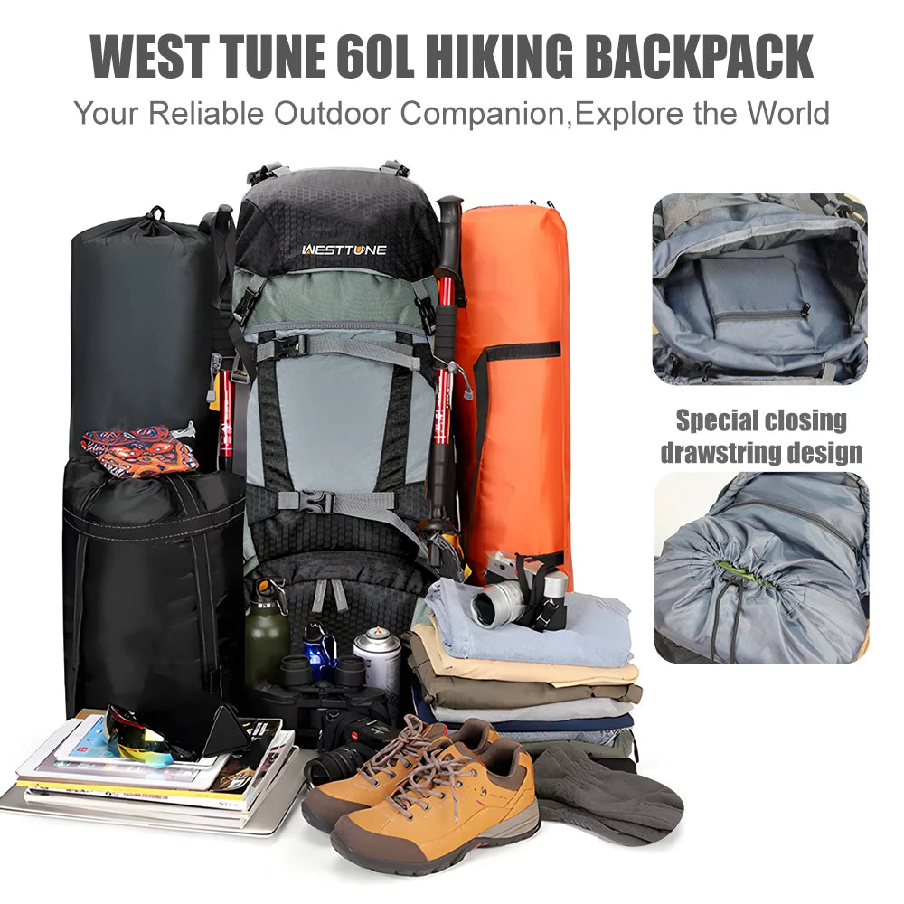 WESTTUNE 60L Explorer Internal Frame Backpack With Rain Cover Outdoor Backpack