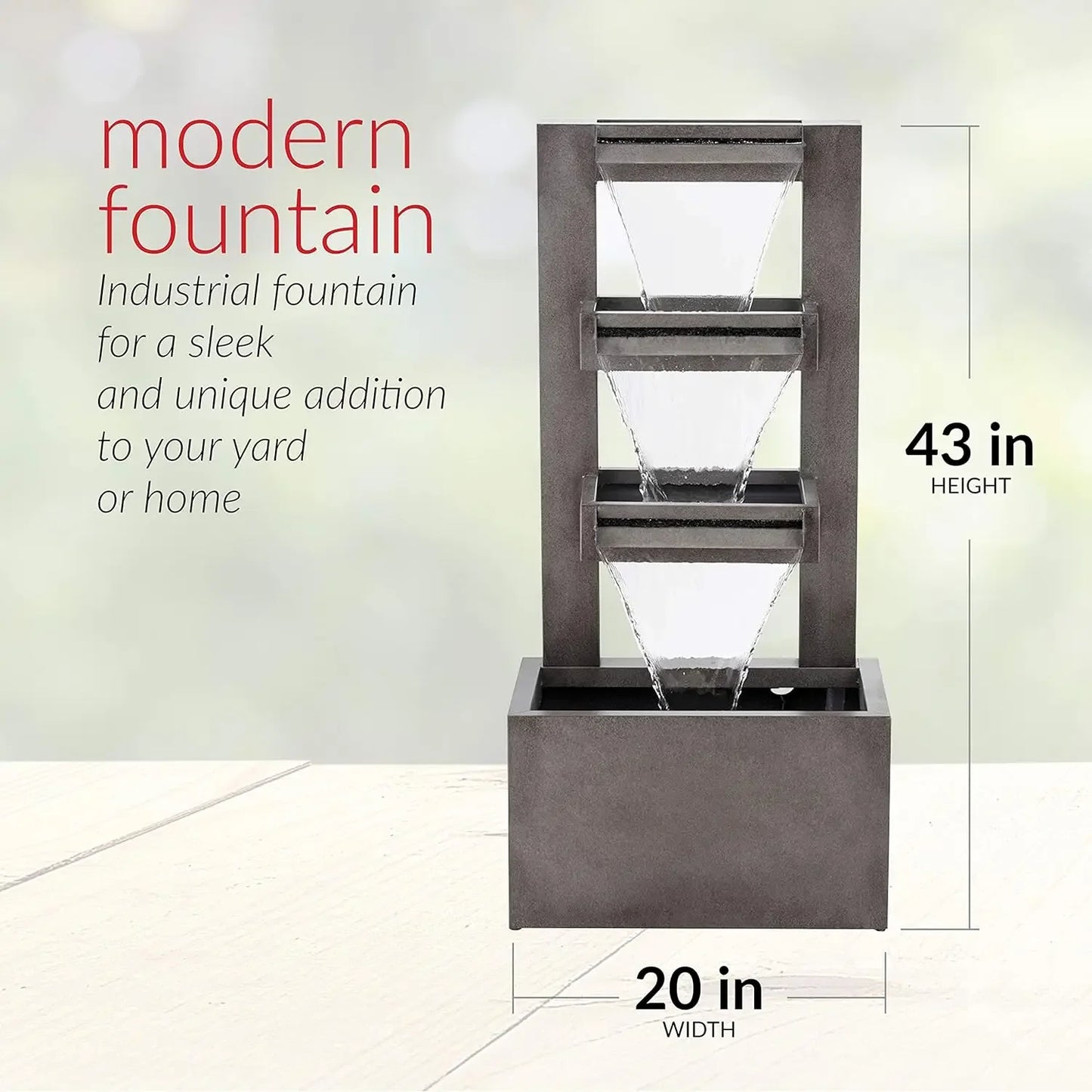 Popular.CPS182 Outdoor Floor Industrial Multi-Tiered Soothing Waterfall Fountain, 43", Gray