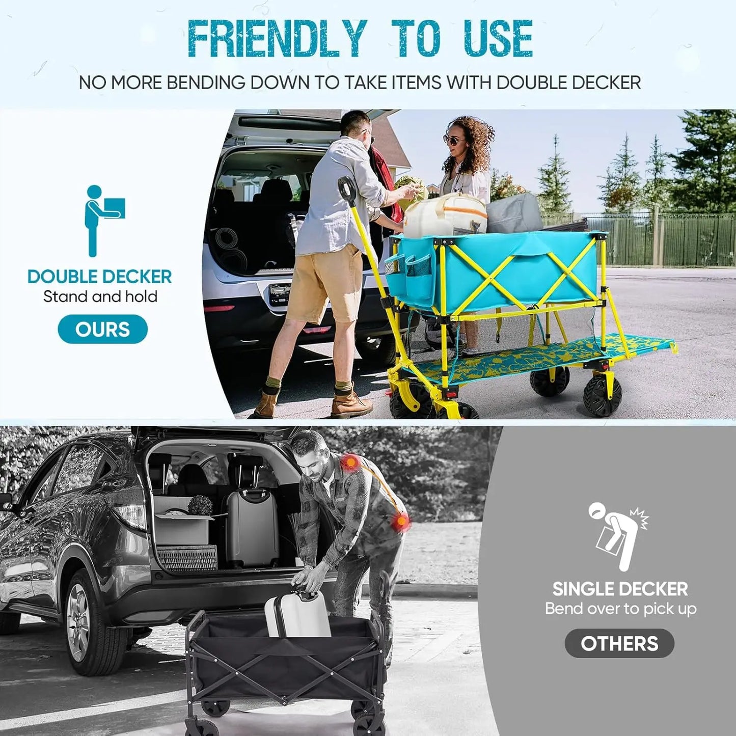 400L Collapsible Double Decker Beach Wagon with Brakes, 54" Extra Long Decker, 450LBS  with All-Terrain Big Wheels