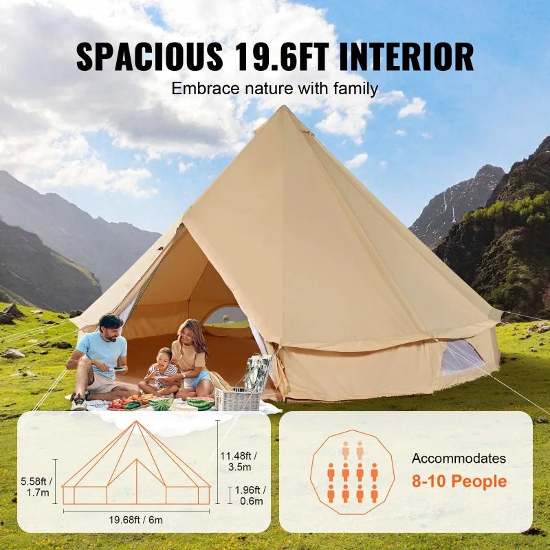10-12 Person Canvas Glamping Bell Tent, Breathable Waterproof Yurt Tent with Stove Jack