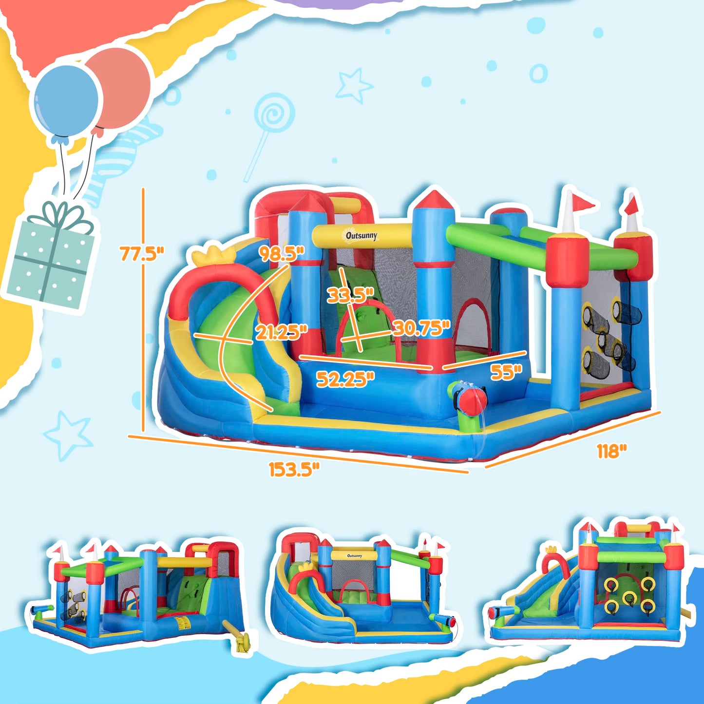 6-in-1 Inflatable Bounce House Outdoor Toy, Inflatable Water Slide