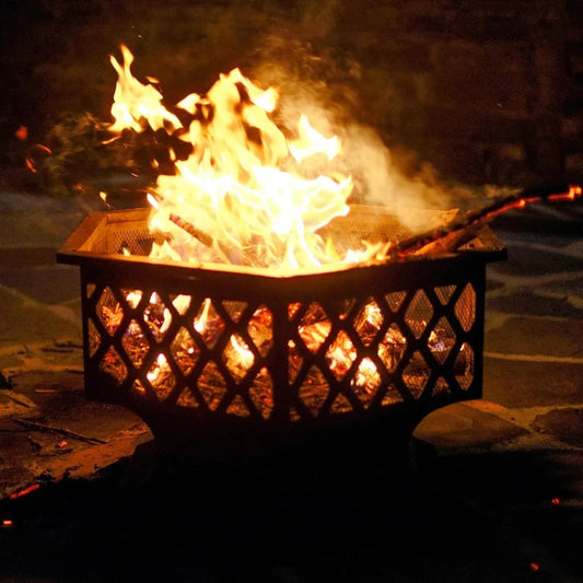 Hex Shaped Fire Bowl - Large Wood Burning Outdoor Fire Pit with Spark Screen & Poker for Bonfire, Picnic,