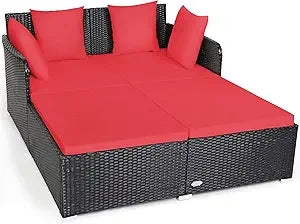 Outdoor Patio Rattan Daybed, Sponge Cushioned Loveseat Sofa with 4 Pillows