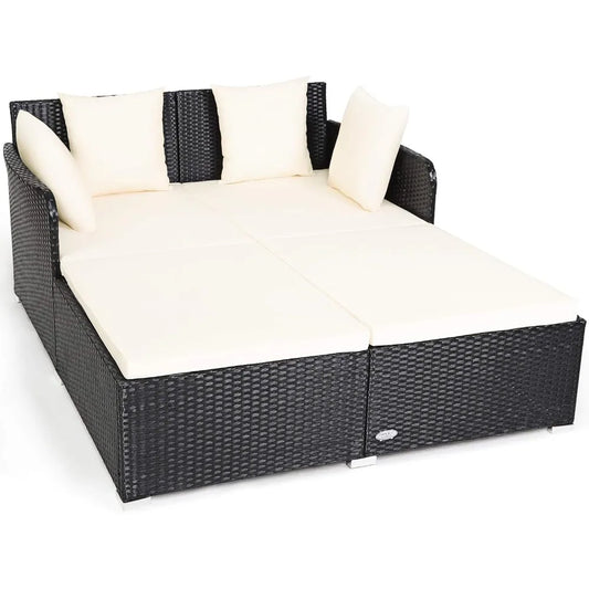 Outdoor Patio Rattan Daybed, Sponge Cushioned Loveseat Sofa with 4 Pillows