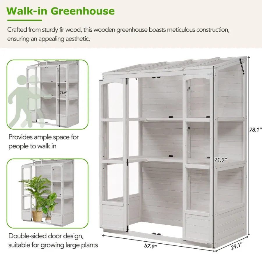 TOPMAX 78inch Wooden Greenhouse Cold Frame with 4 Independent Skylights and 2 Folding Middle Shelves