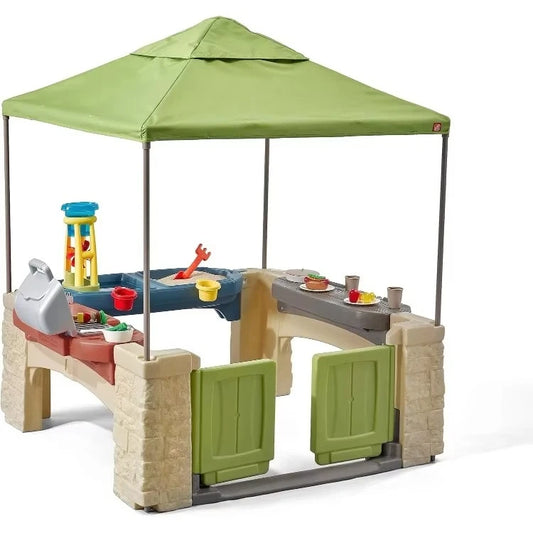 High quality.All Around Playtime Patio with Canopy, Kid Indoor and Outdoor Kitchen Playset, Sensory Playhouse, Kids Ages 2+ year