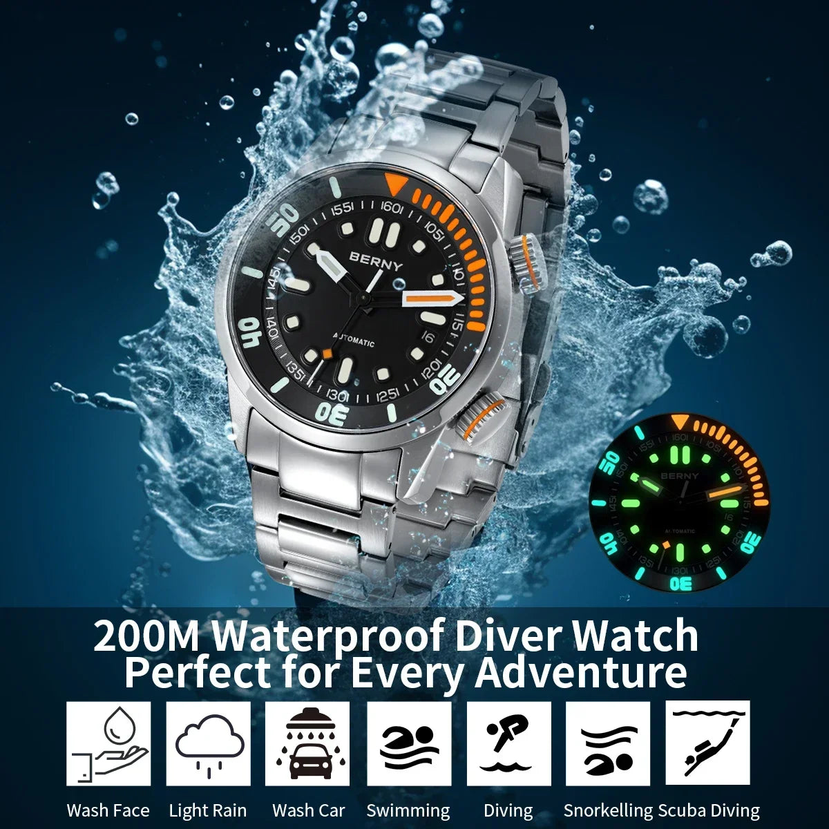 BERNY Automatic Dive Watch for Men Super Luminous Original Design