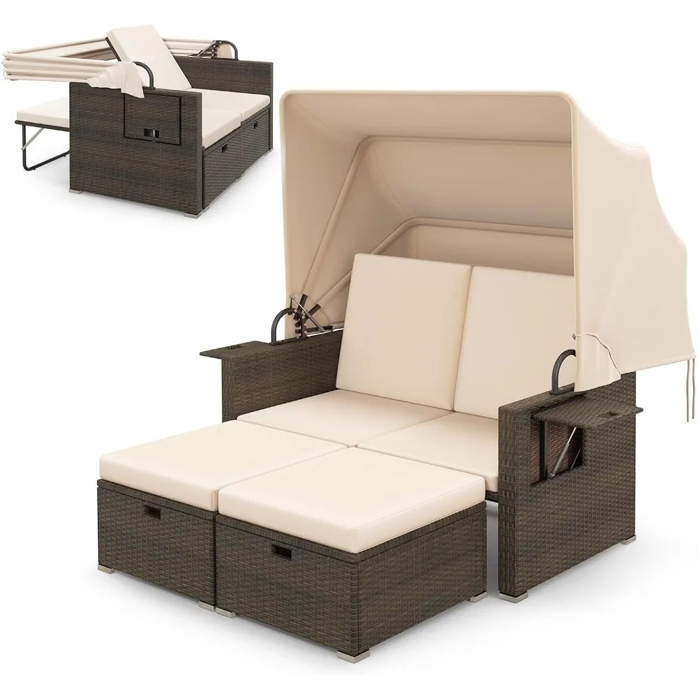 Retractable Canopy Loveseat Sofa Set, 2 Folding Side Panels, Storage Ottomans, Double Bed Lounger for Garden Patio Furniture Set