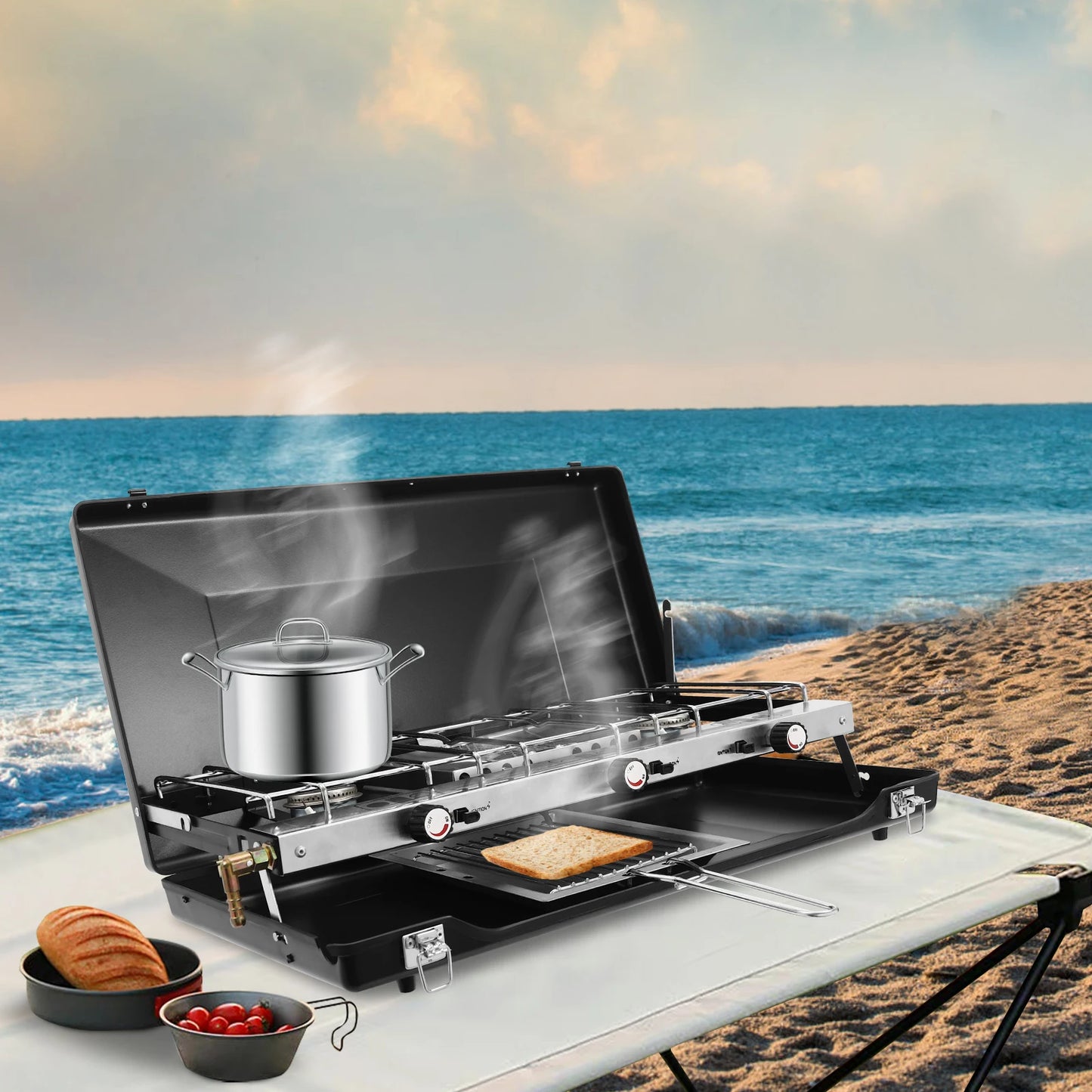 Portable Camping Stove with Griddle 3 Burner Propane Gas Stove Adjustable Windshield Folding