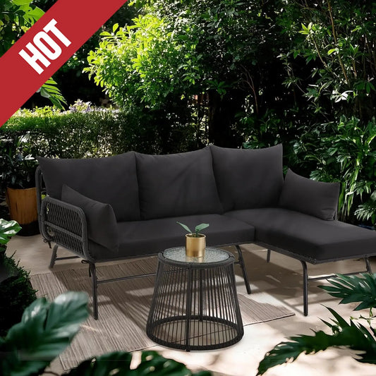 2025 Hot3-Piece Outdoor Patio Furniture Set, L-Shaped Rattan Sectional Sofa With Thick Cushions, Glass Coffee Table